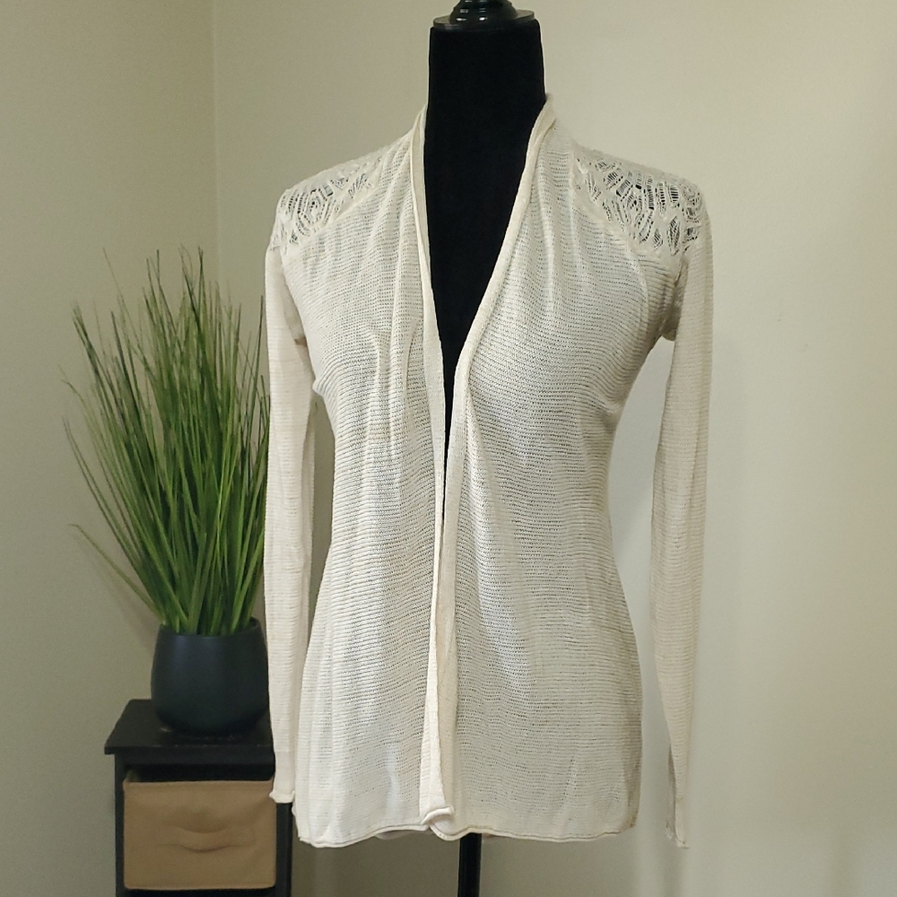 LOGO by Lori Goldstein Cream Open-Front Cardigan